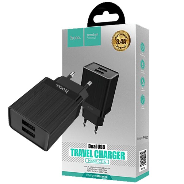 hoco. Punjač kućni, brzi, za smartphone, tablete..., 2 x USB,3.4 A - C51A Prestige power Black